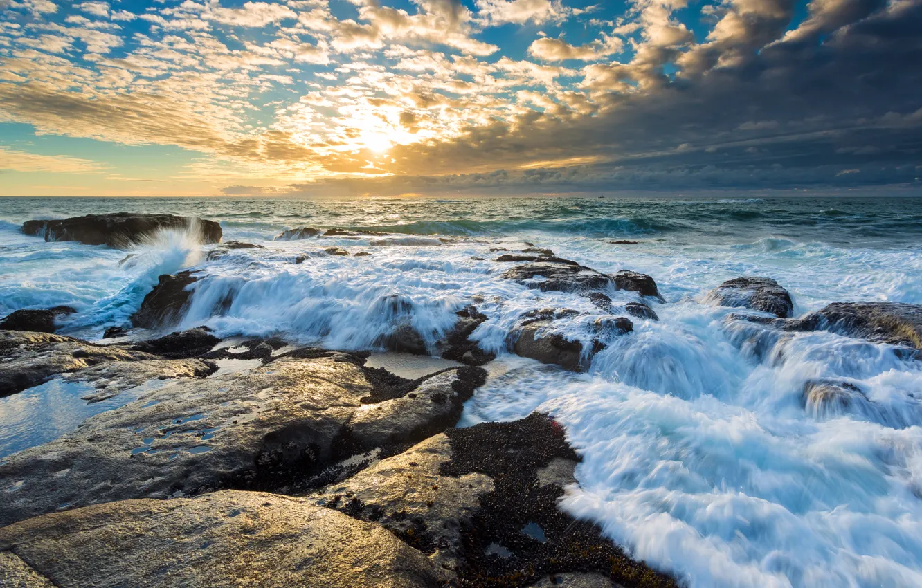 Фото обои rock, sea, sunset, clouds, wave, boat