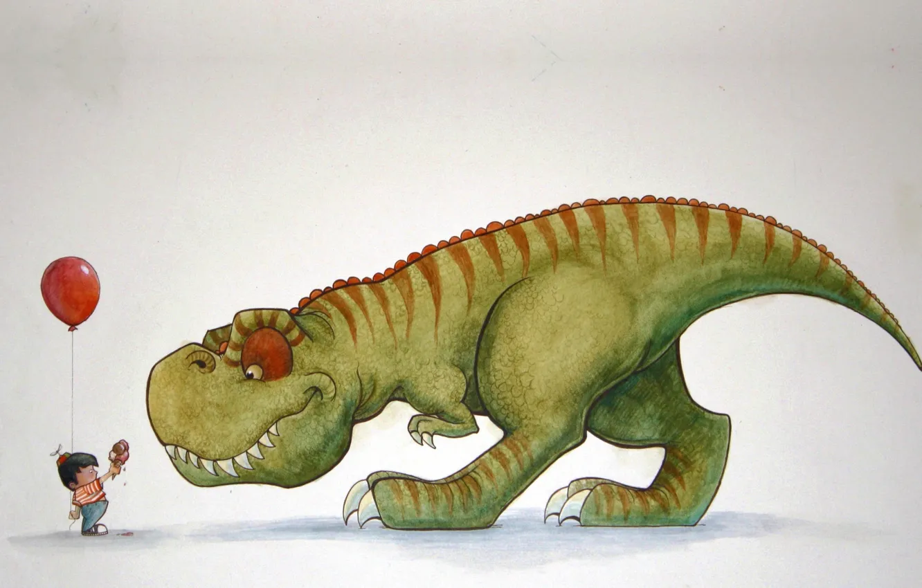 Фото обои динозавр, мальчик, малыш, арт, мороженое, тирекс, угощение