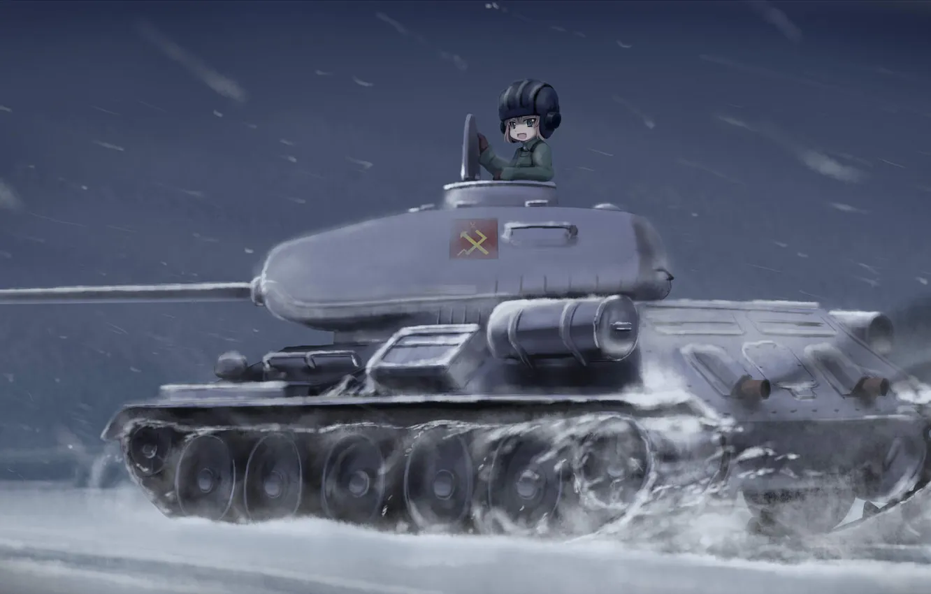Фото обои зима, взгляд, девочка, танк, метель, art, танкист, girls und panzer