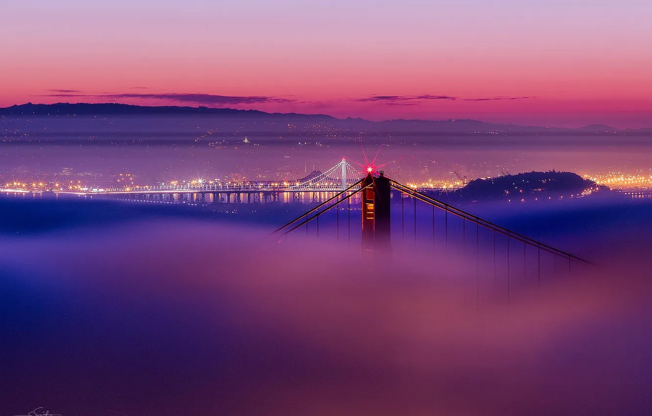 Фото обои огни, туман, san francisco, сан франциско, golden gate bridge