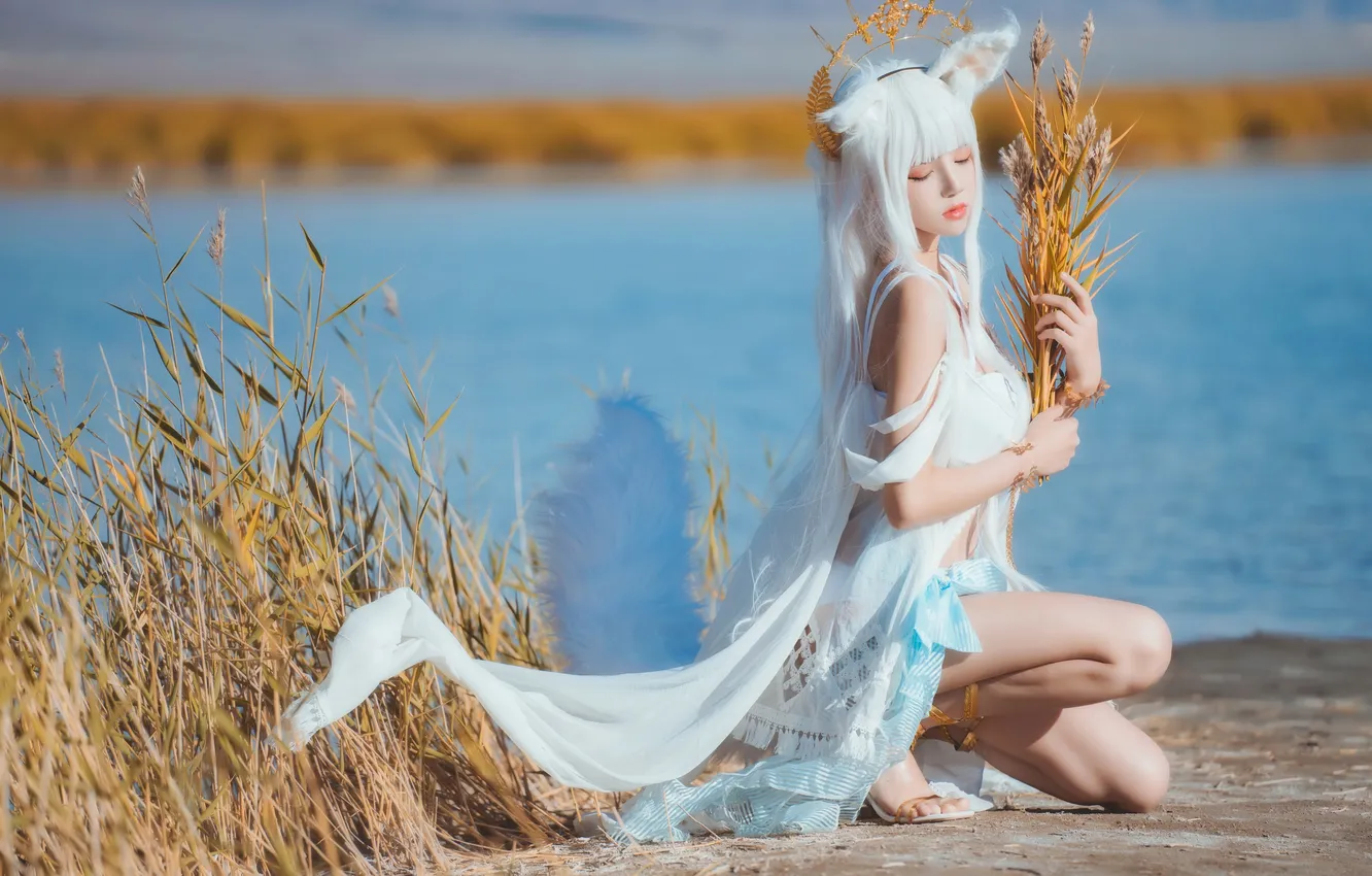 Фото обои Beautiful, Asian, Model, Water, Woman, Pretty, White Hair, Sunny