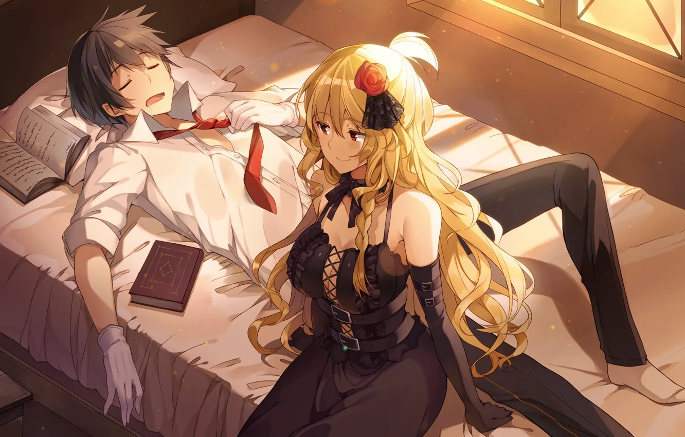 Фото обои девушка, книги, аниме, арт, спит, галстук, постель, парень