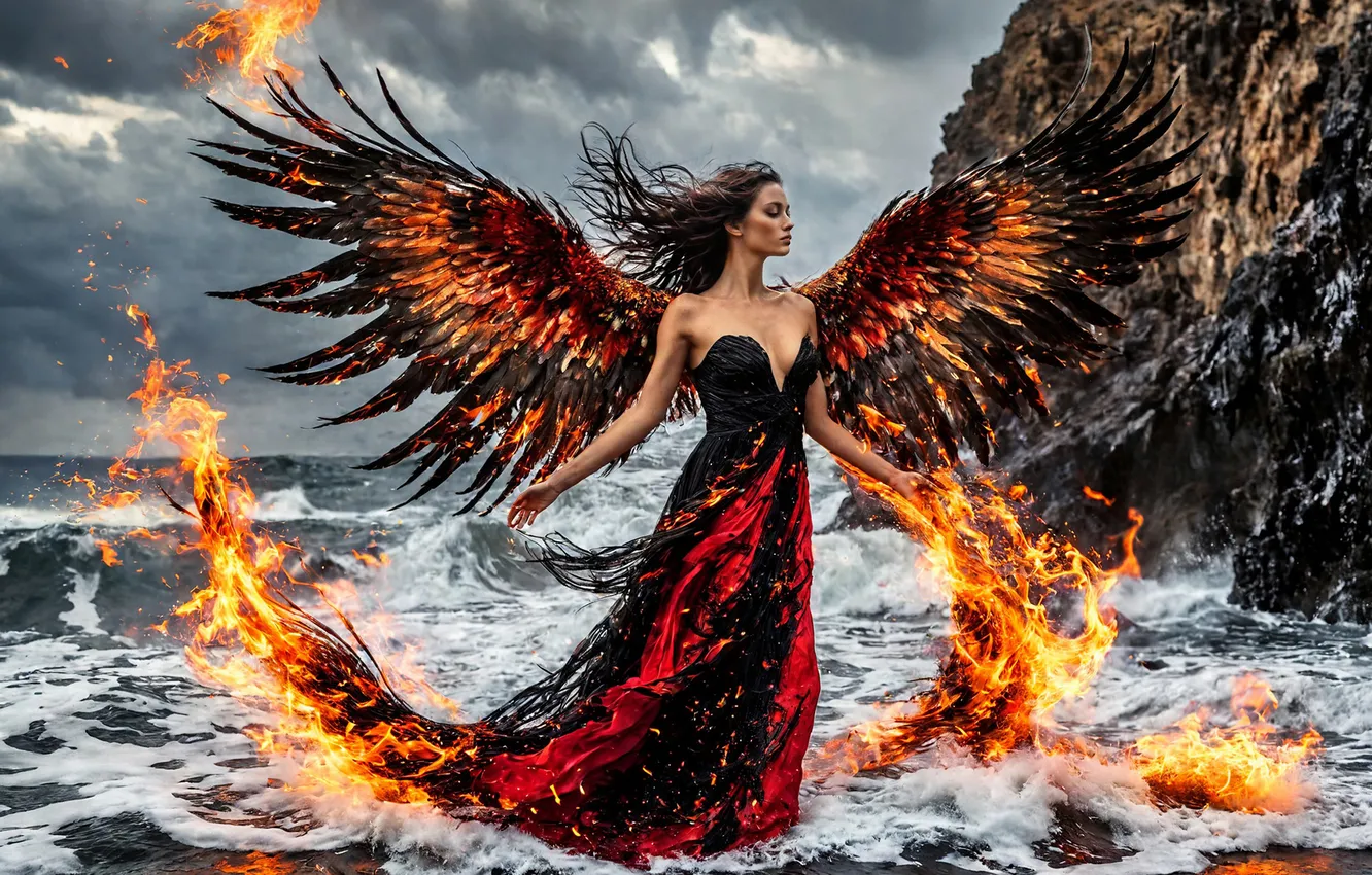 Фото обои пена, вода, девушка, огни, побережье, крылья