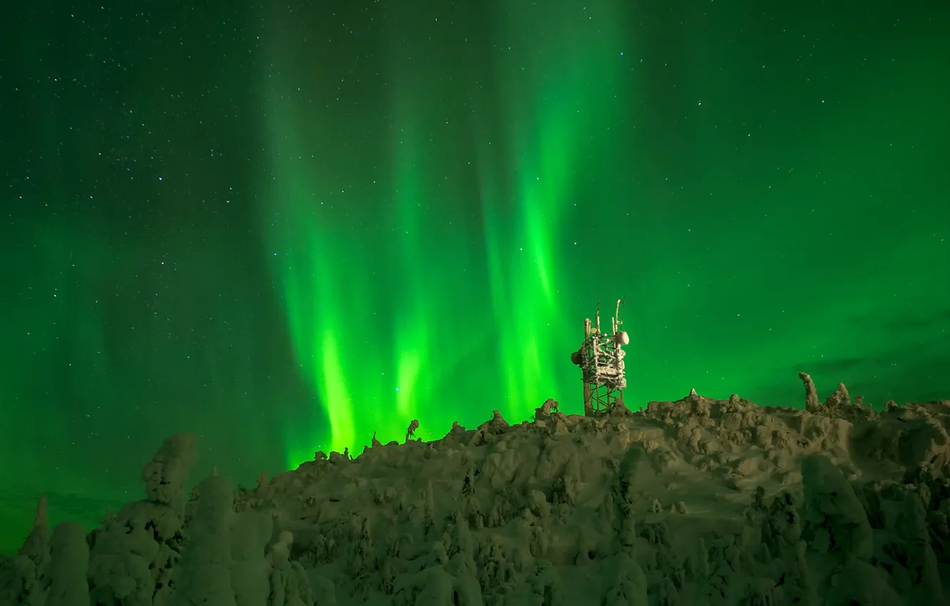 Фото обои ночь, звёзды, северное сияние, Финляндия, Лапландия