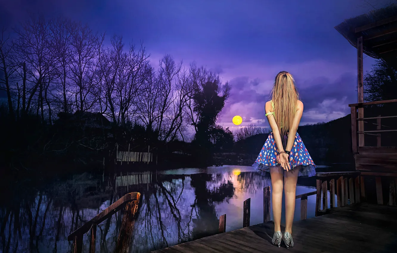 Фото обои девушка, луна, юбка, ножки, Moonlight Viewing