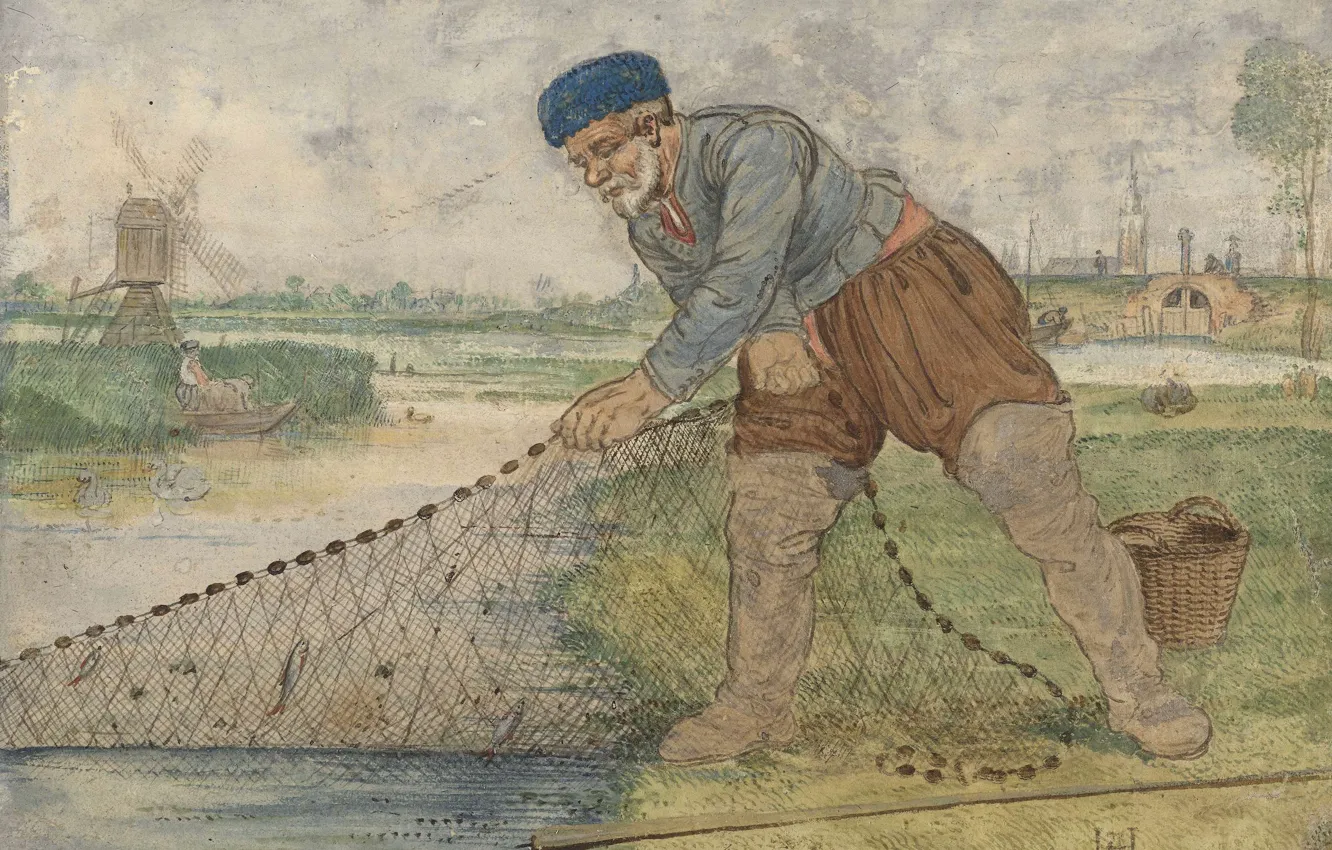Фото обои рисунок, Хендрик Аверкамп, Hendrick Avercamp, 1595, Рыбак извлекает сеть