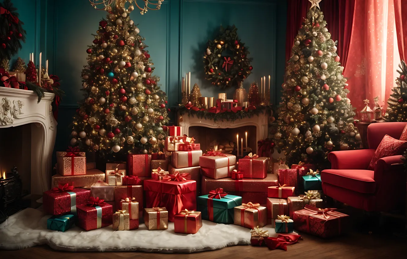 Фото обои украшения, комната, шары, елка, интерьер, Новый Год, Рождество, подарки