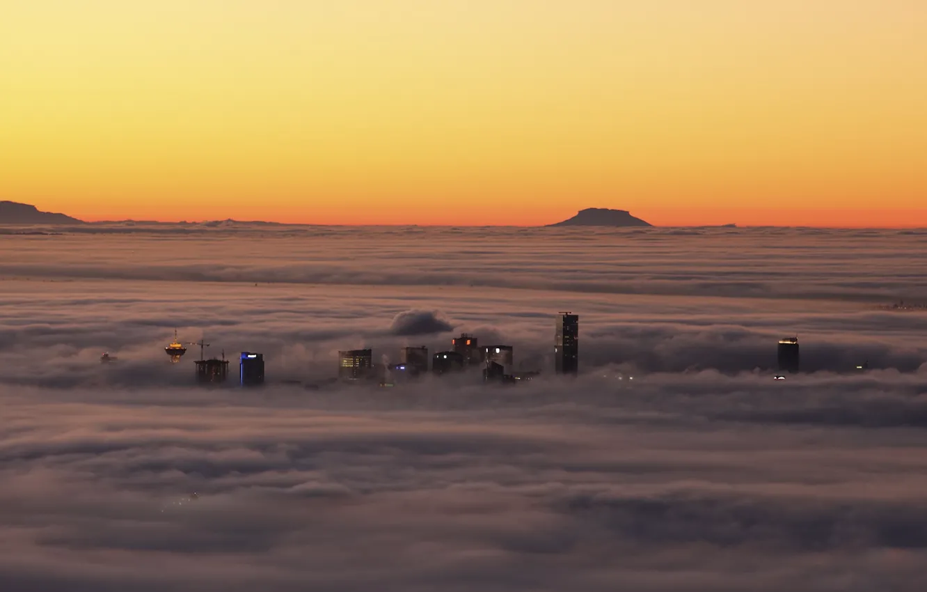 Фото обои облака, закат, туман, дома, Канада, Ванкувер