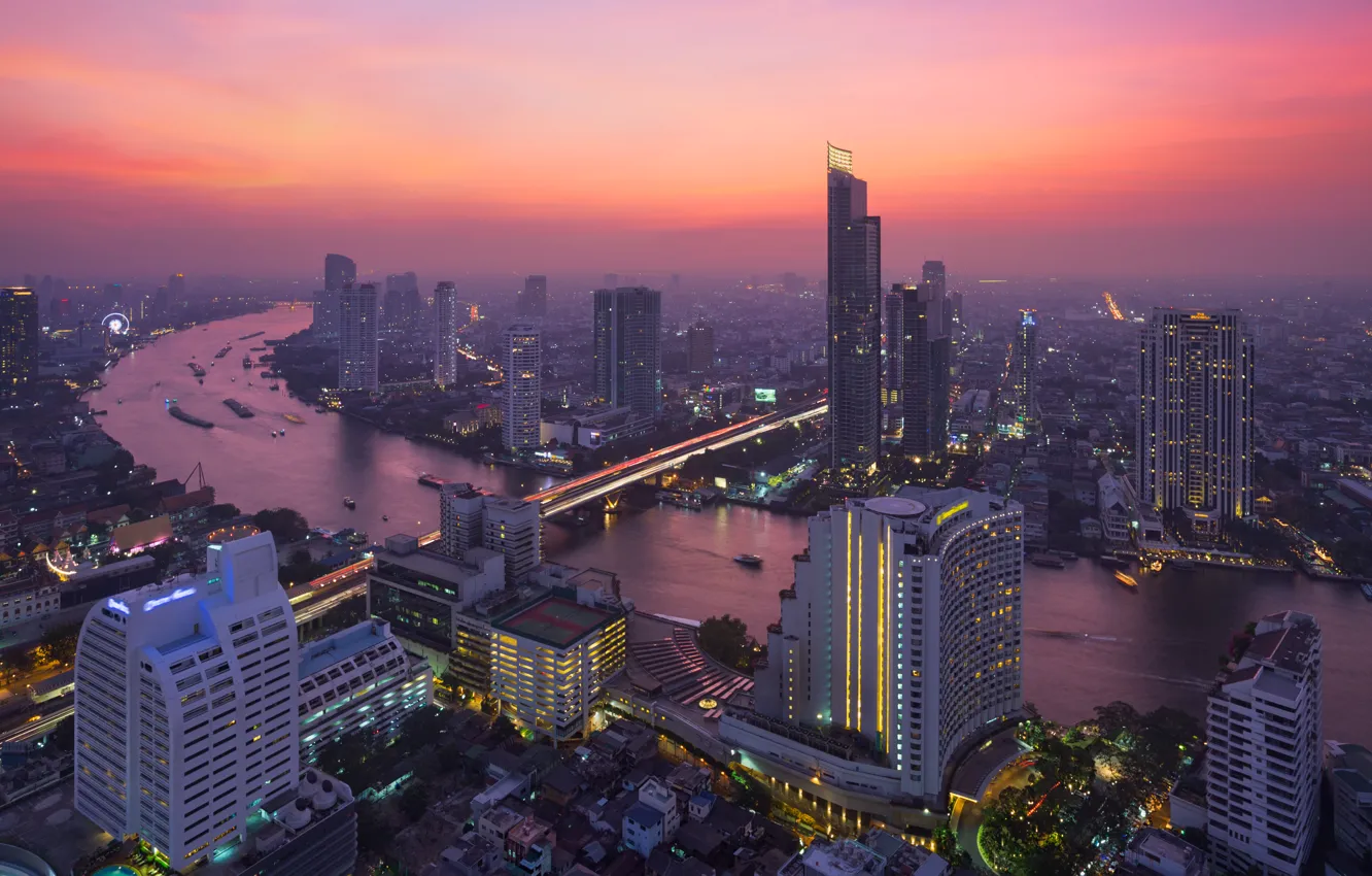 Фото обои ночь, мост, город, огни, река, здания, лодки, Таиланд