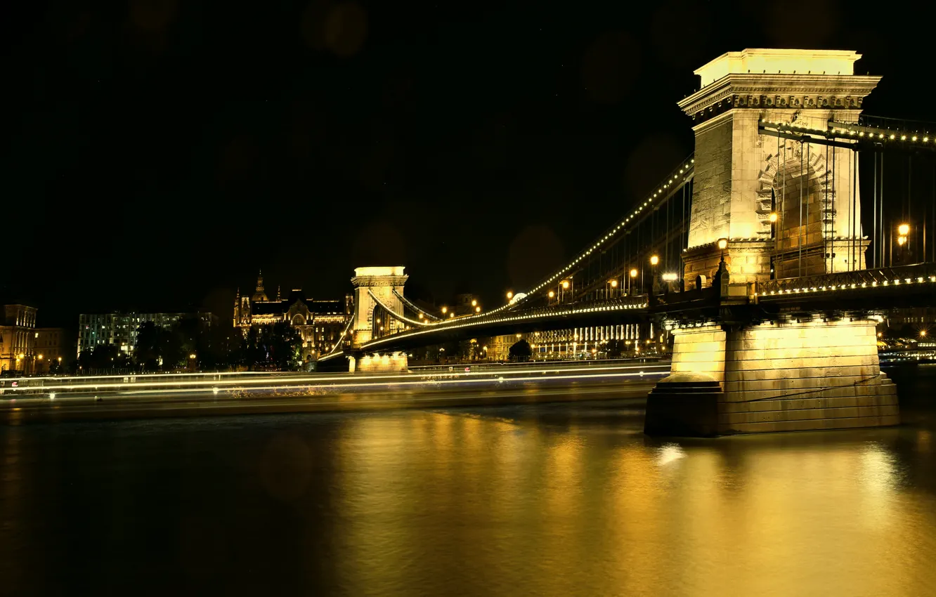 Фото обои Night, Hungary, Budapest, Danube River, Chain Bridge