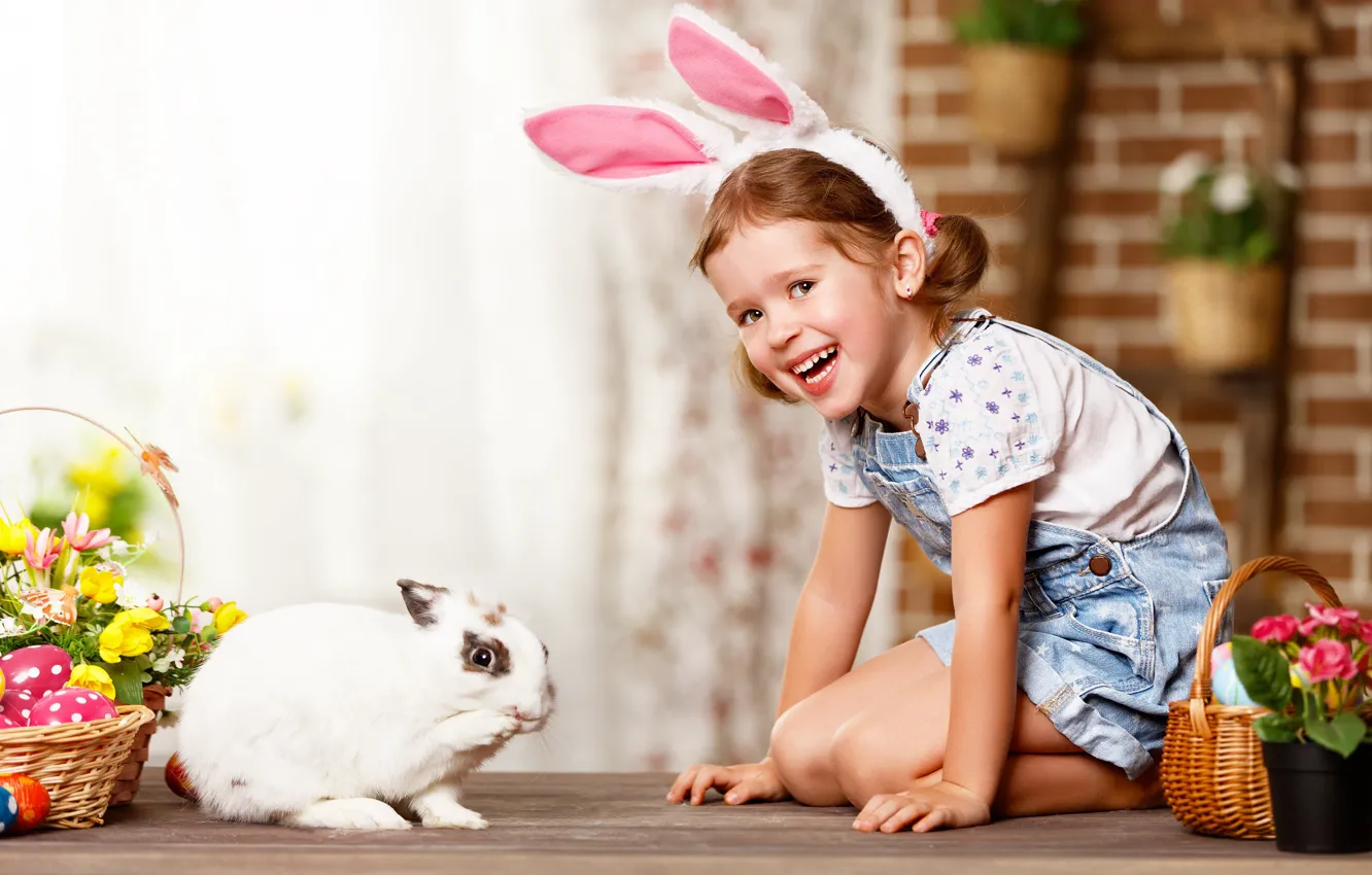 Фото обои цветы, яйца, кролик, девочка, зайка