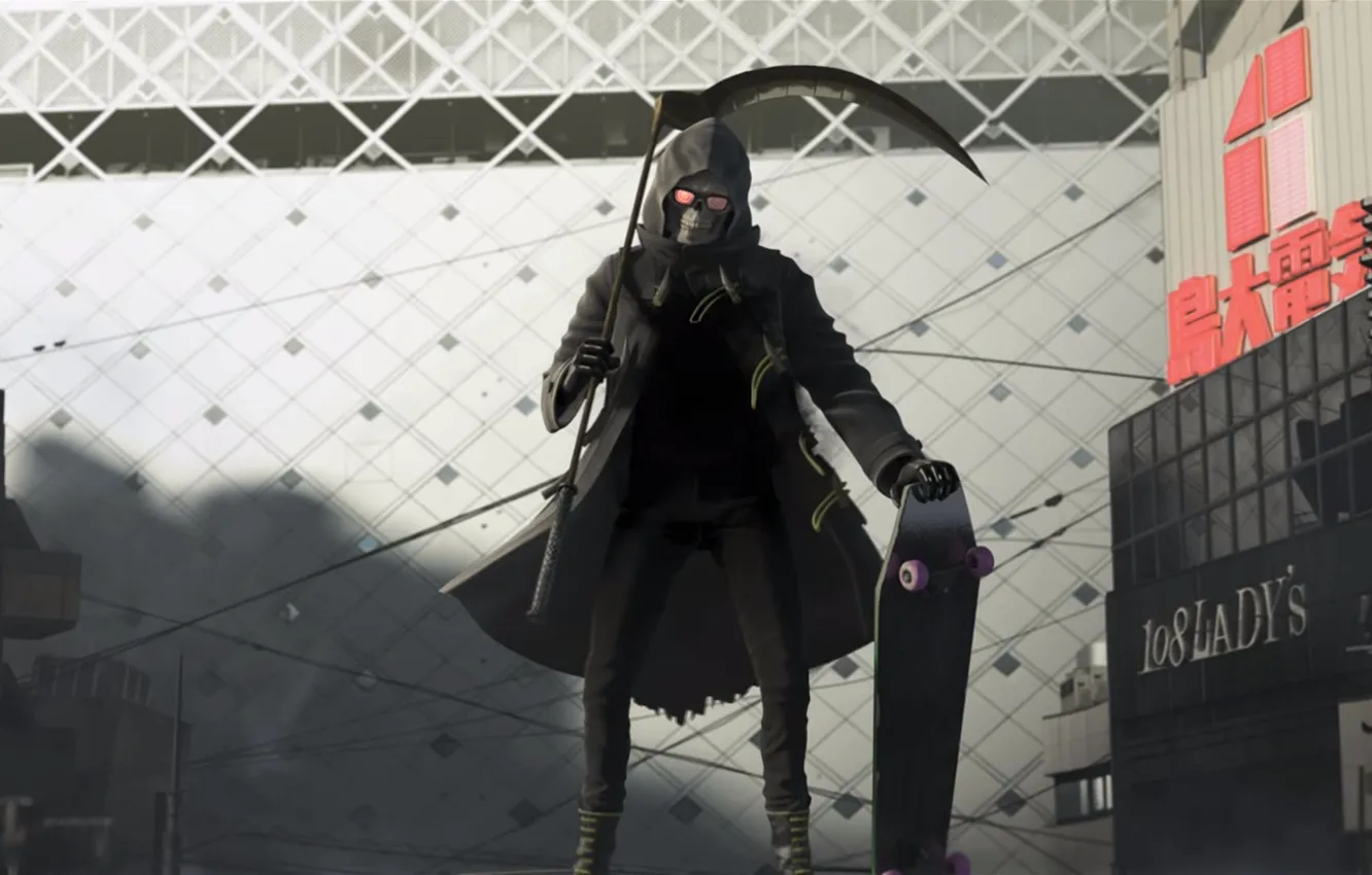 Фото обои city, skull, game, death, skateboard, reaper, kanji, sickle
