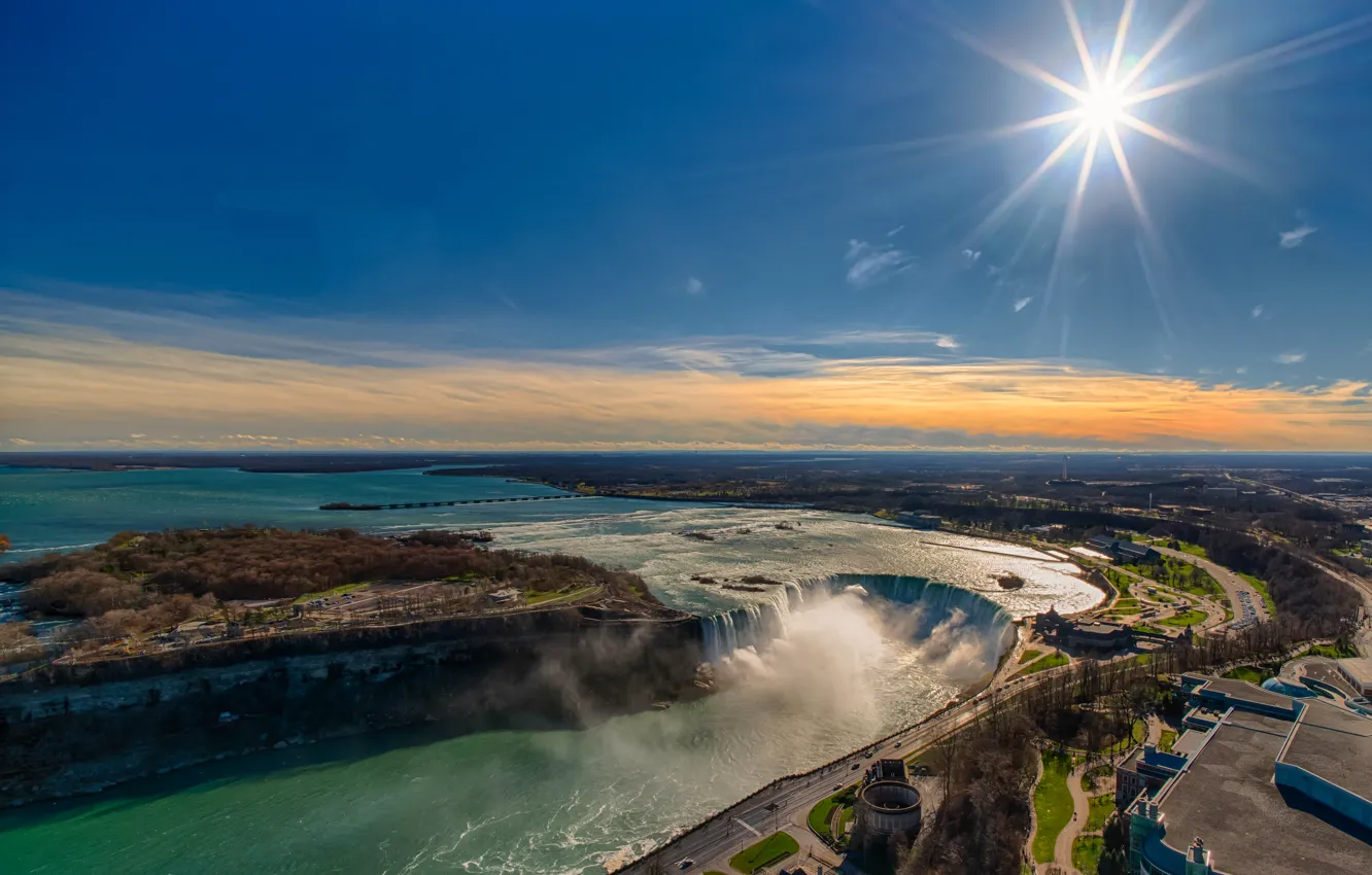 Фото обои солнце, река, Канада, панорама, Онтарио, Ниагарский водопад