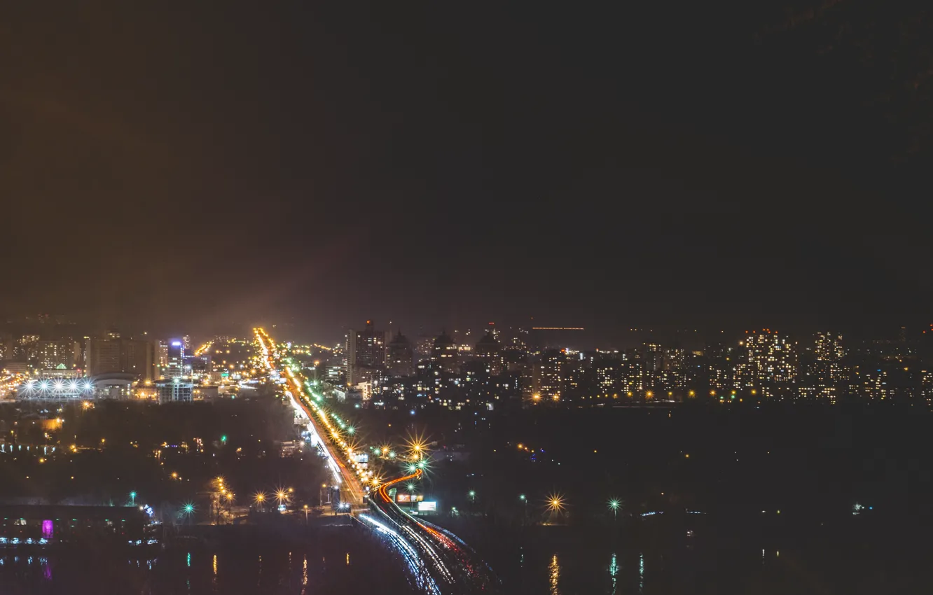 Фото обои мост, город, огни, метро, ночной, Украина, Днепр, киев