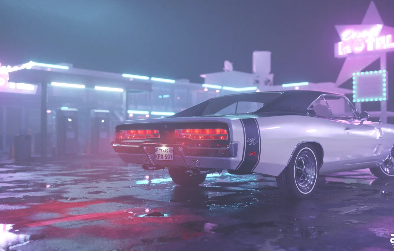 Фото обои Ночь, Машина, Стиль, 1969, Car, Render, Neon, Dodge Charger