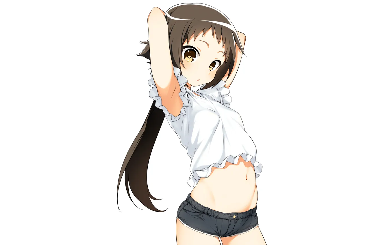 Фото обои girl, shorts, long hair, anime, beautiful, ponytail, pretty, attractive