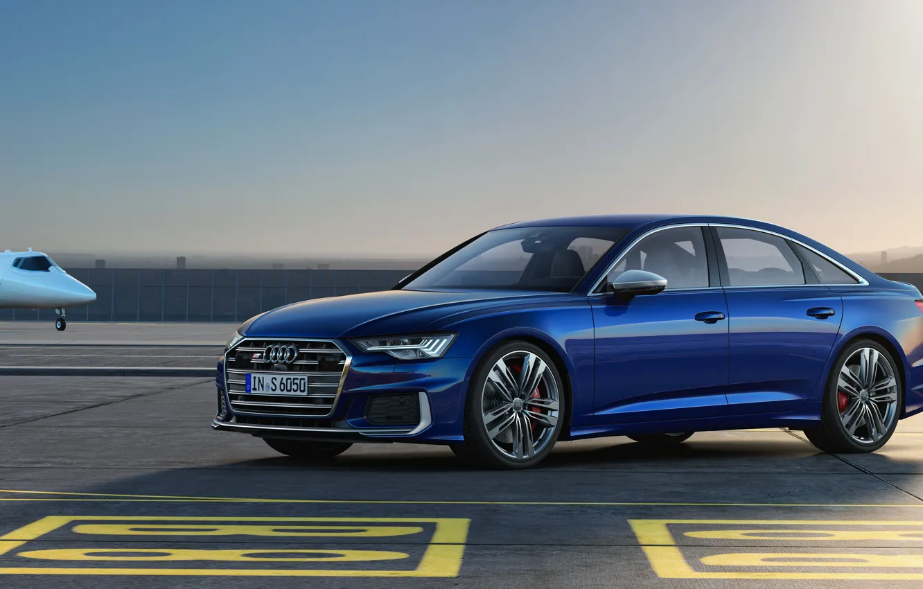 Фото обои синий, Audi, седан, аэродром, Audi A6, 2019, Audi S6