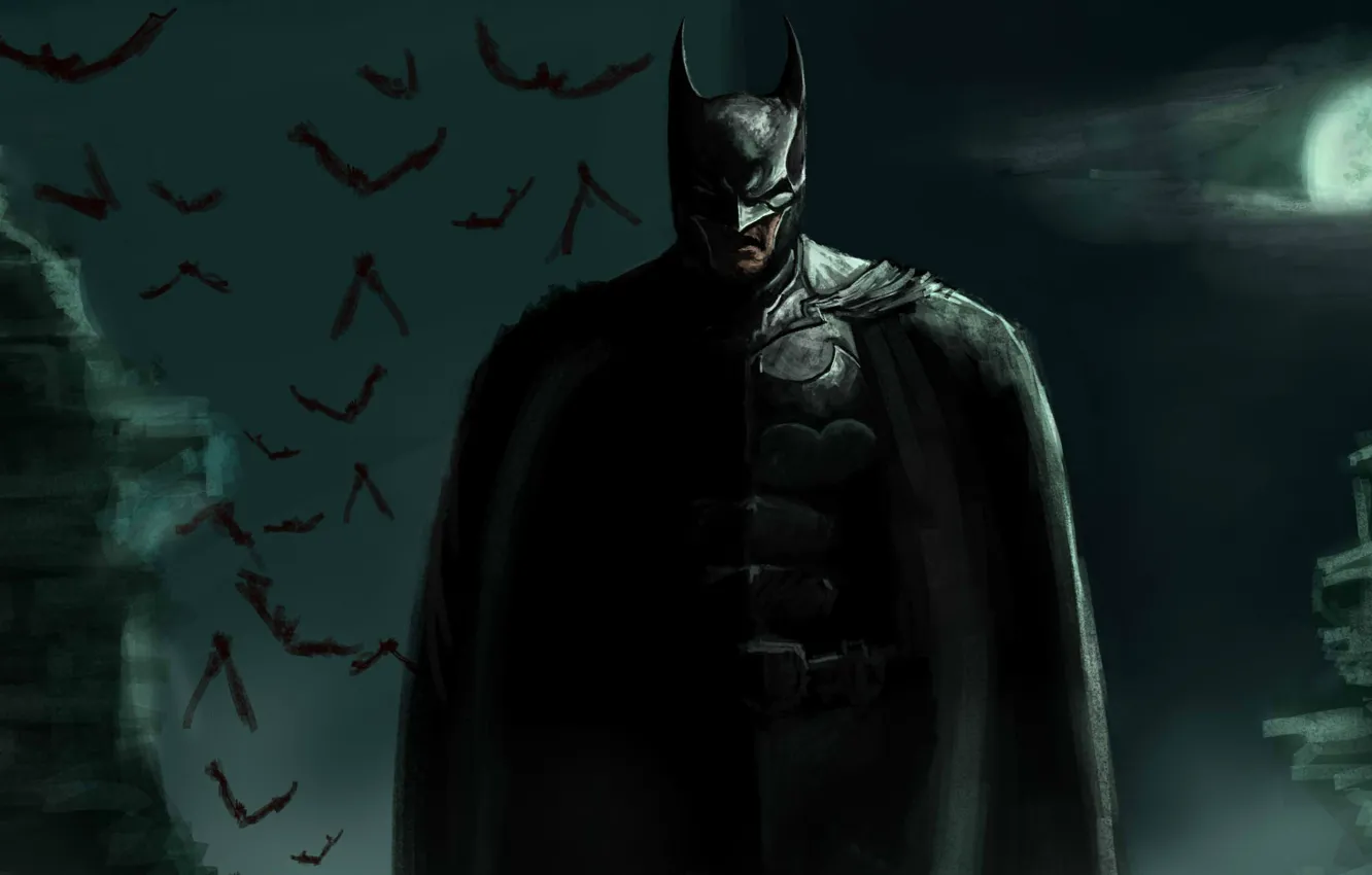Фото обои луна, арт, герой, костюм, Бэтмен, мужчина, летучие мыши, Batman