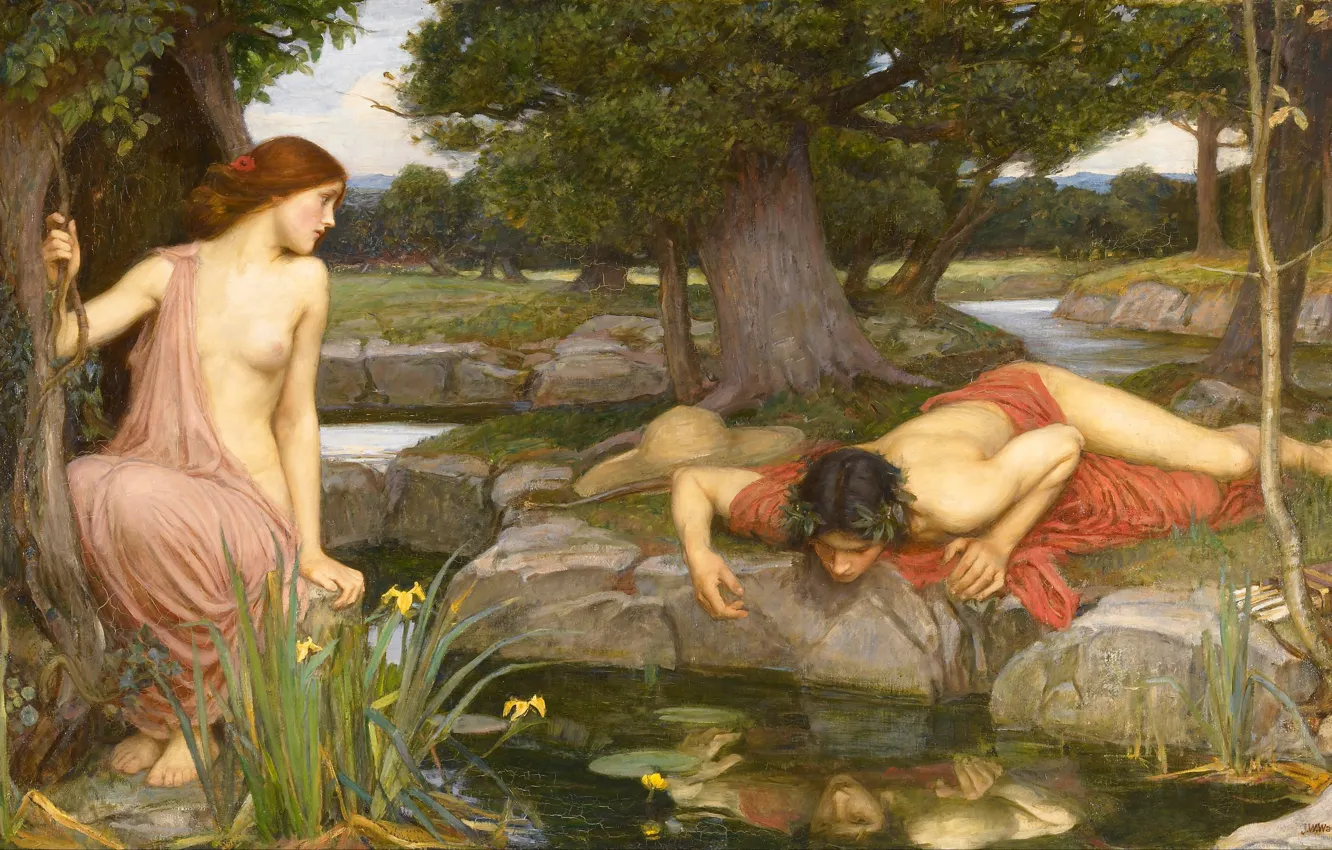 Фото обои forest, art, John William Waterhouse, Echo and Narcissus