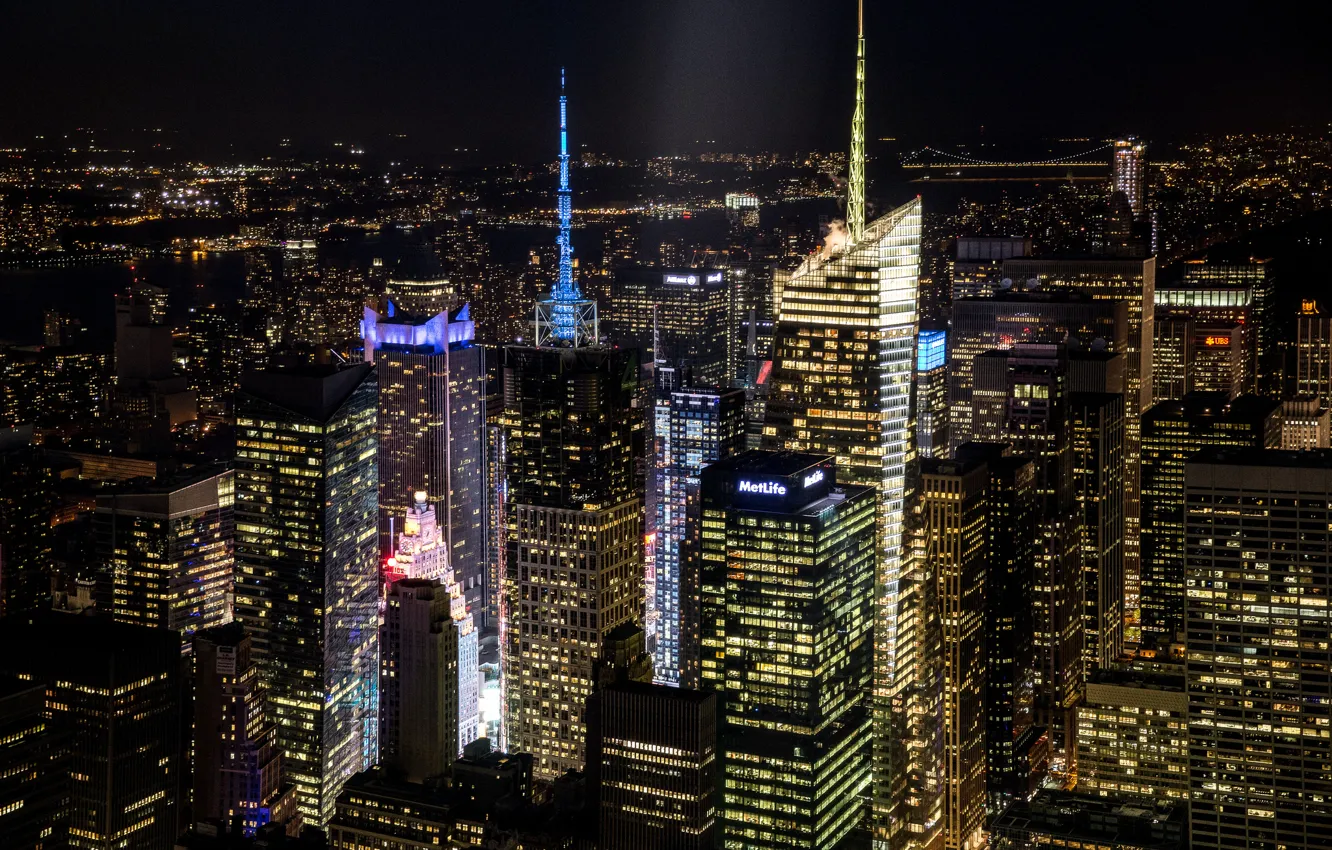 Фото обои свет, ночь, город, здания, дома, Нью-Йорк, небоскребы, освещение