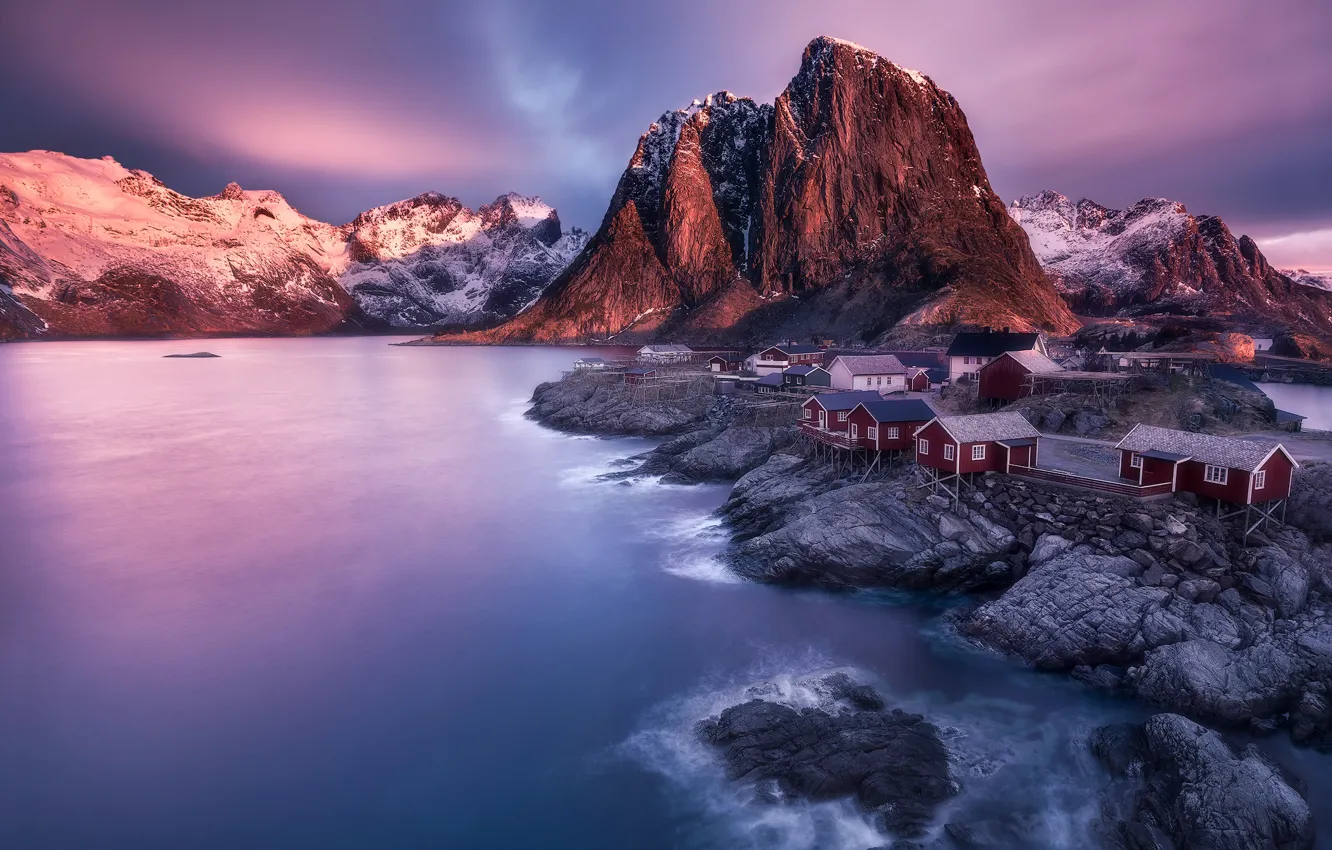 Фото обои горы, скалы, Норвегия, поселок, фьорд