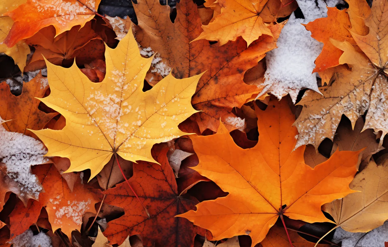 Фото обои зима, осень, листья, снег, фон, клен, close-up, winter