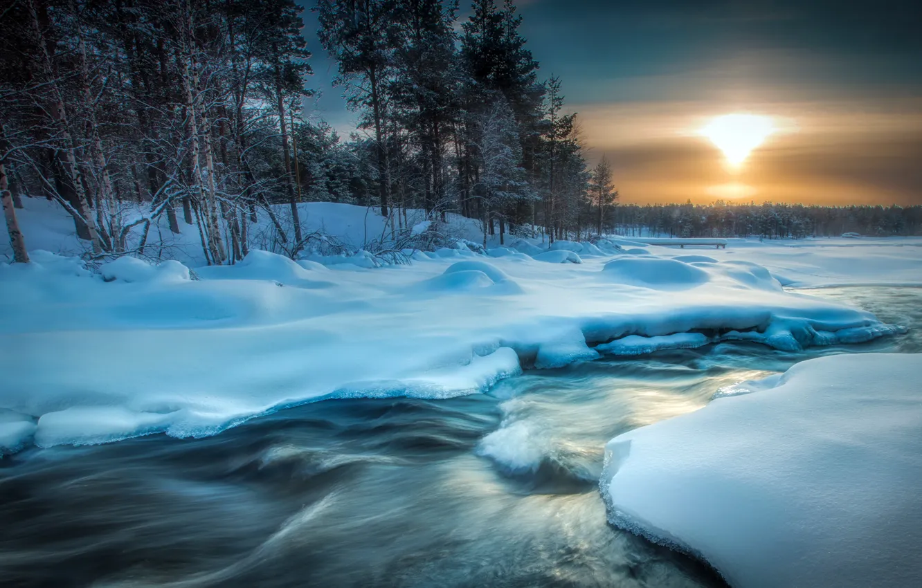 Фото обои зима, лес, закат, река