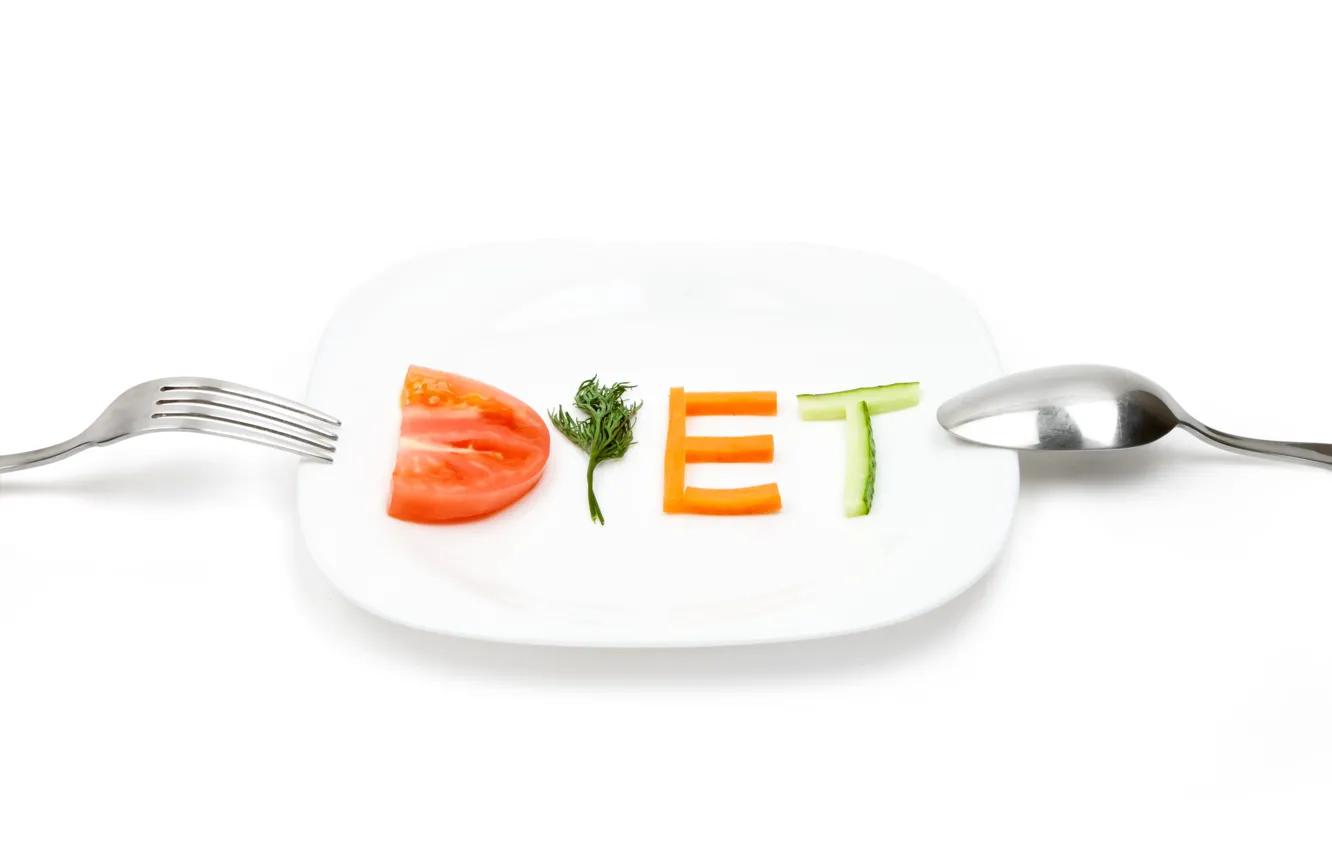 Фото обои огурец, тарелка, ложка, вилка, овощи, помидор, морковь, диета