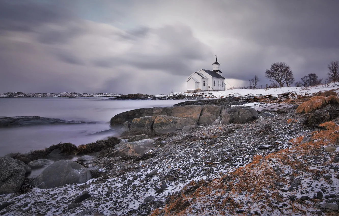 Фото обои зима, снег, берег, церковь, Лофотены
