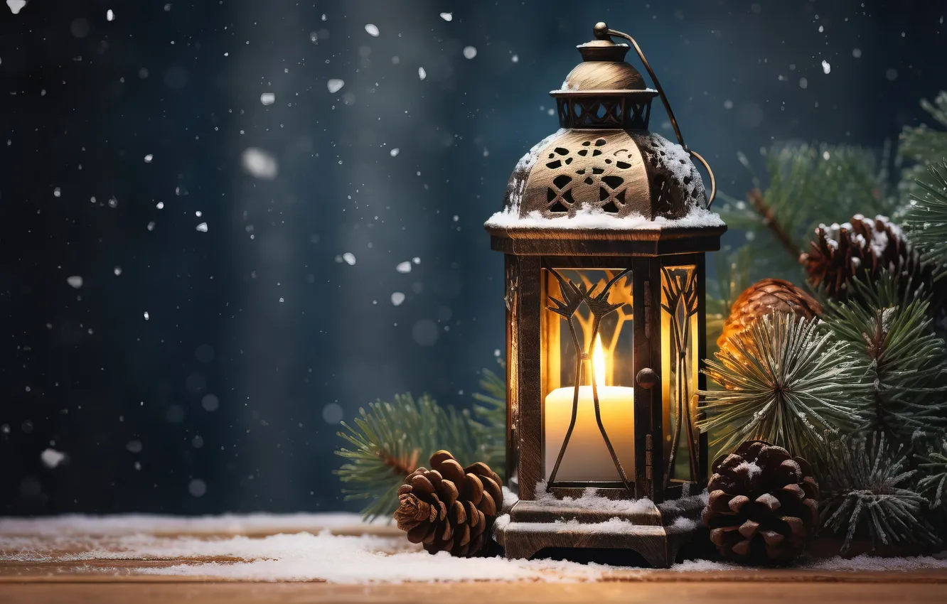 Фото обои зима, снег, ночь, Рождество, фонарь, Новый год, Christmas, night