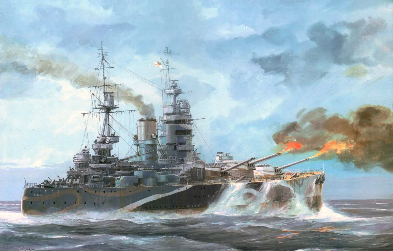 Фото обои волны, океан, пламя, рисунок, корабль, бой, арт, ВМФ