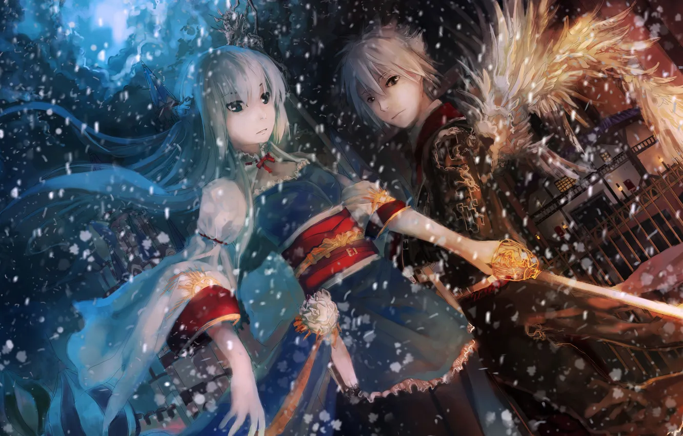 Фото обои девушка, снег, город, крылья, меч, аниме, парень, двое
