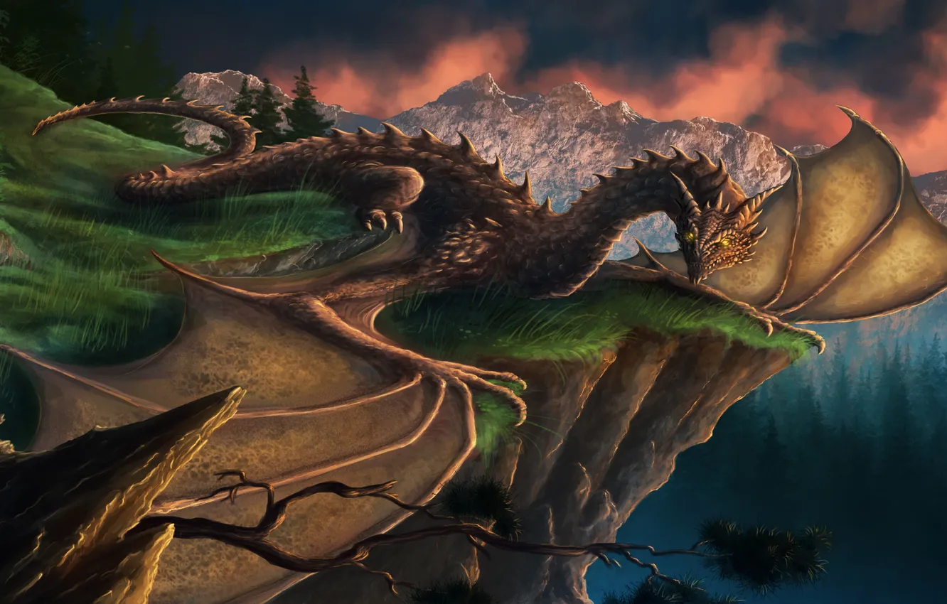Фото обои взгляд, деревья, горы, фантастика, обрыв, дракон, крылья, арт
