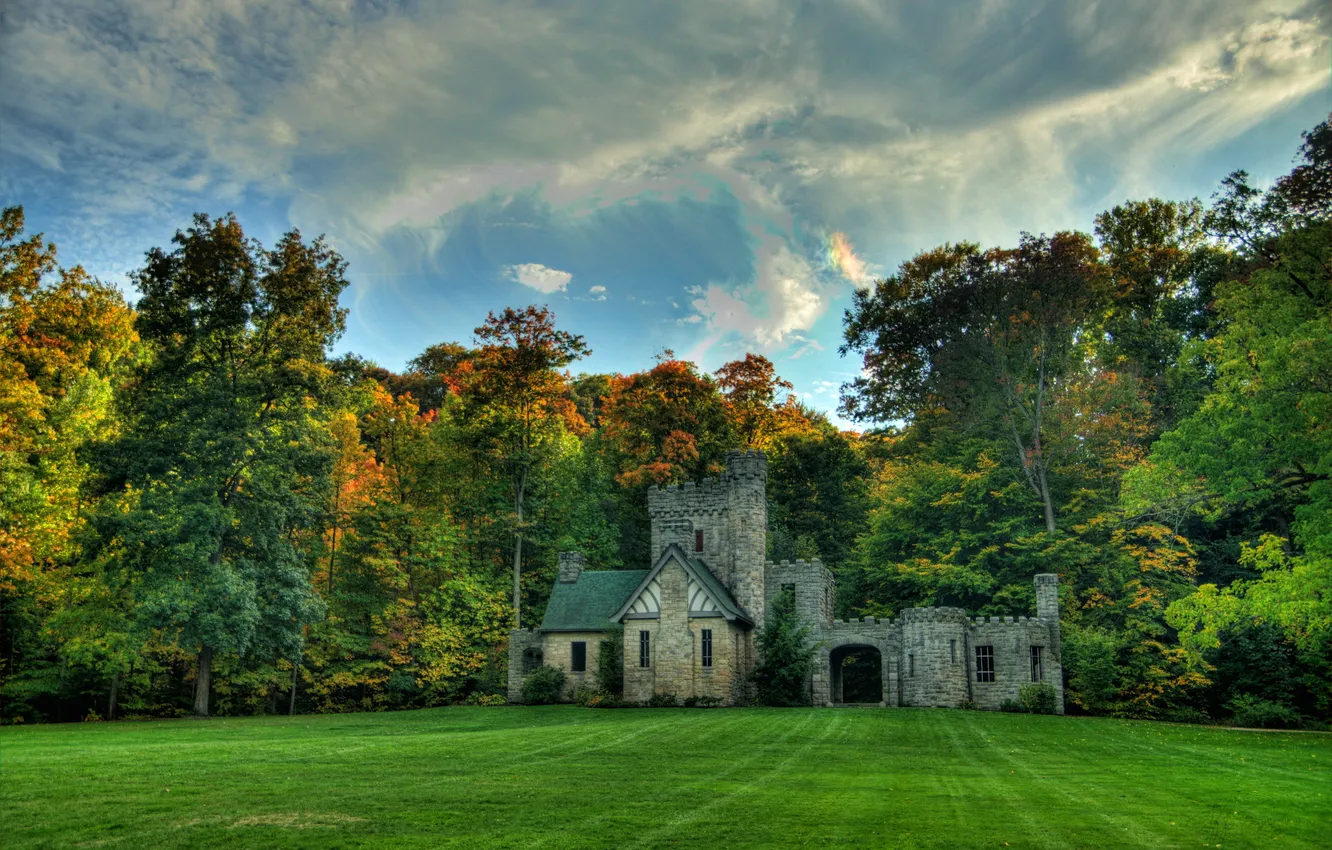 Фото обои трава, деревья, природа, город, фото, замок, США, Squires Ohio