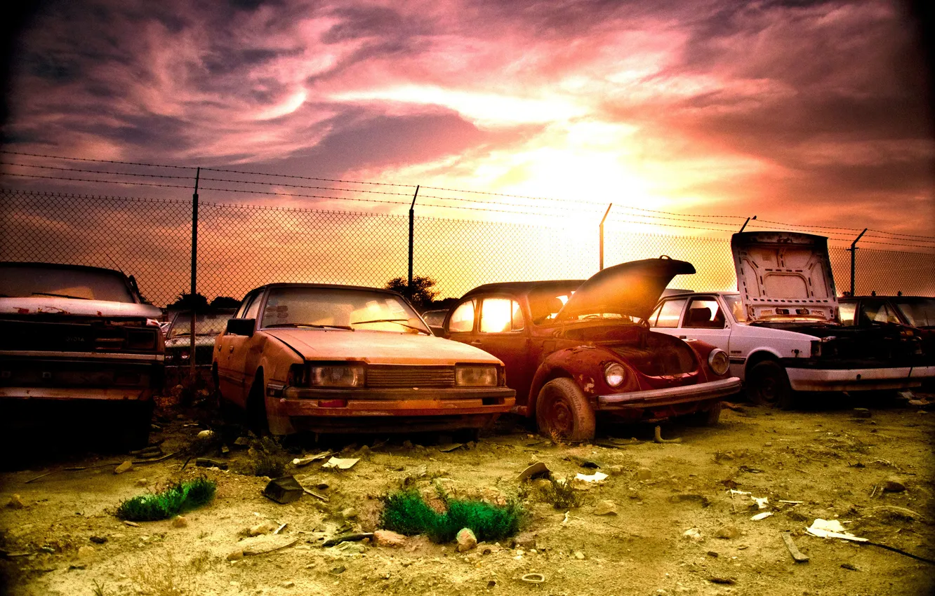 Фото обои солнце, volkswagen, тачки, свалка, cars, mazda, volvo, toyota