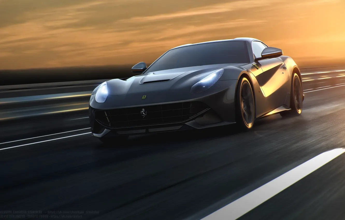 Фото обои Ferrari, Speed, Front, Sun, Road, Berlinetta, F12, Silver