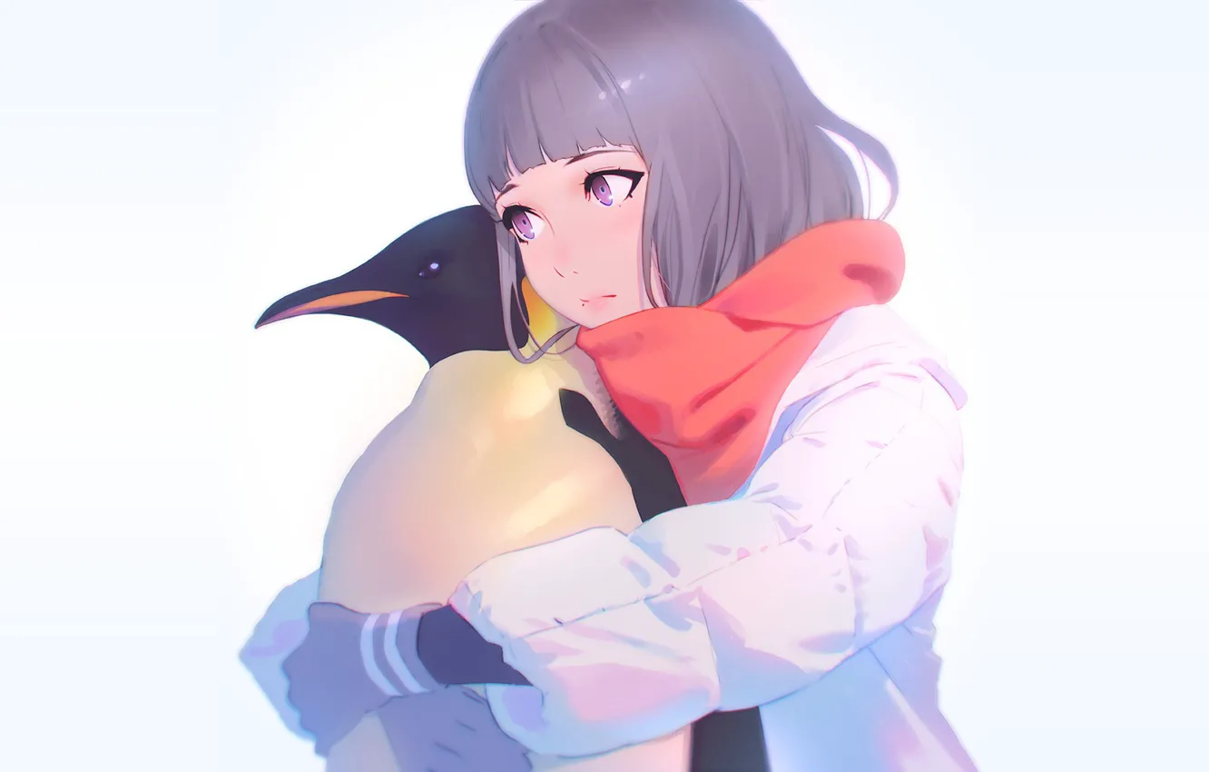 Фото обои фон, девочка, пингвин