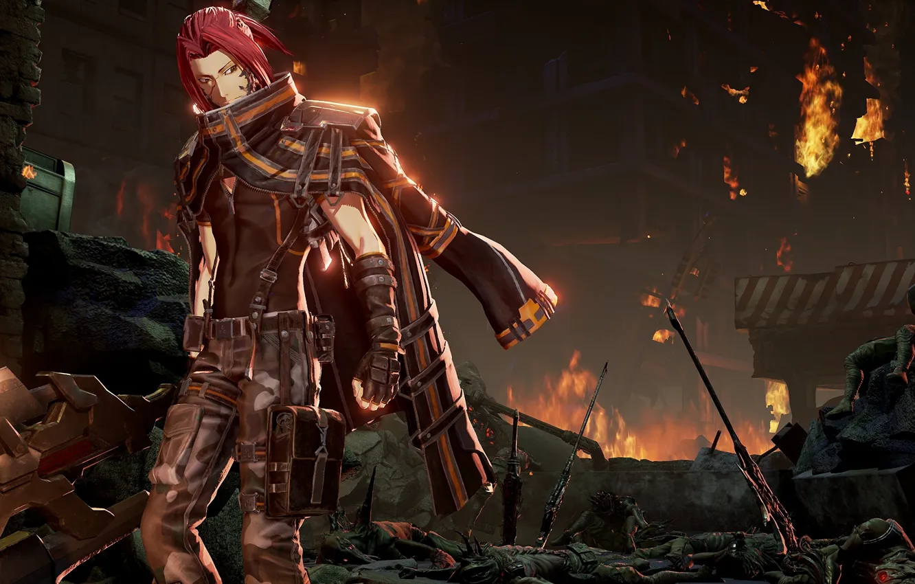 Фото обои город, огонь, парень, Yakumo Shinonome, CODE VEIN
