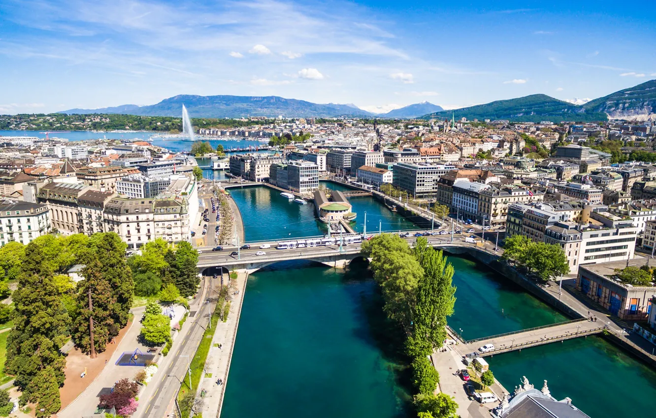 Фото обои озеро, дома, Швейцария, фонтан, мосты, Женева