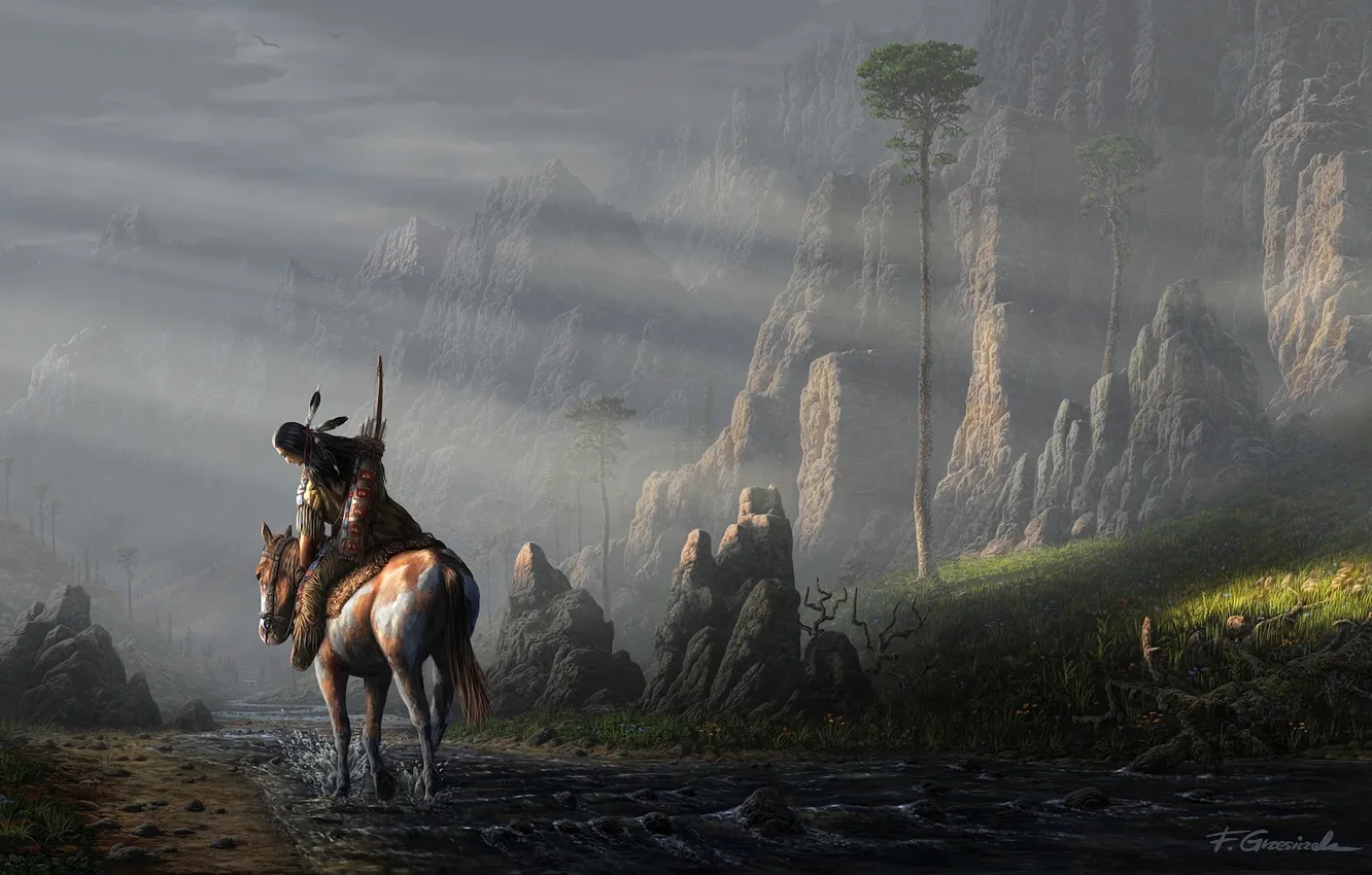 Фото обои пейзаж, река, ручей, камни, скалы, конь, лошадь, человек
