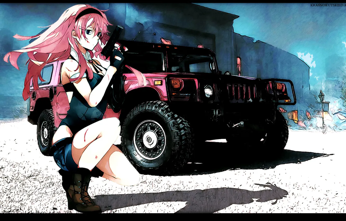 Фото обои машина, девушка, пистолет, оружие, здания, тень, арт, vocaloid