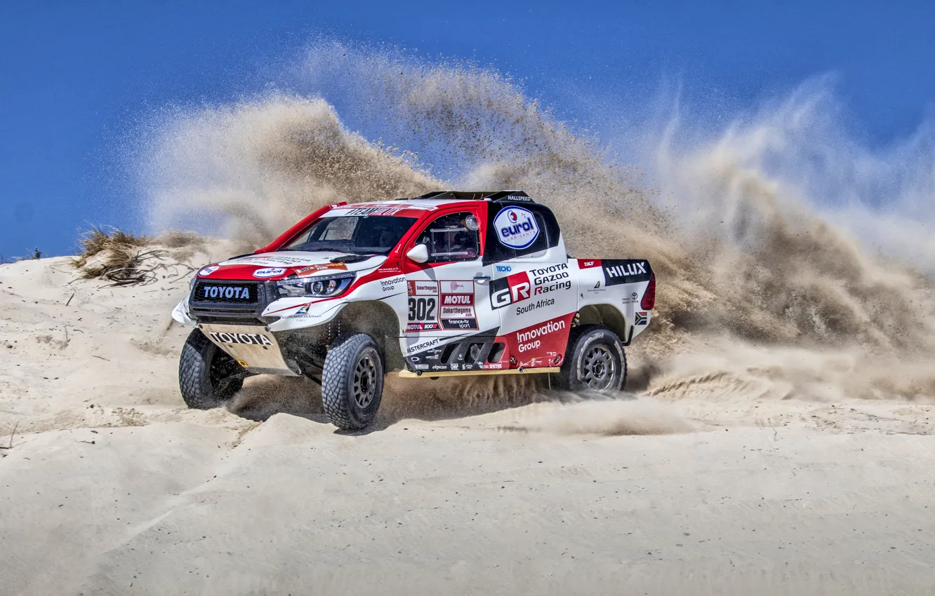 Фото обои Песок, Авто, Спорт, Машина, Toyota, Hilux, 302, Rally