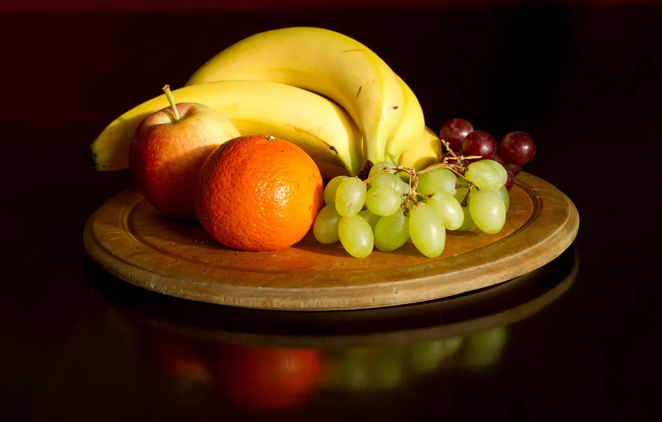 Фото обои яблоко, еда, виноград, бананы