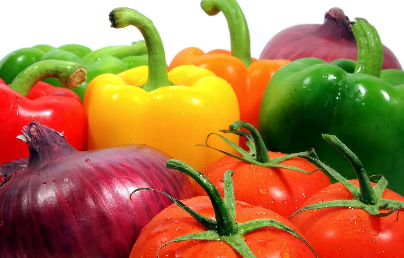 Фото обои лук, перец, овощи, помидоры, томаты