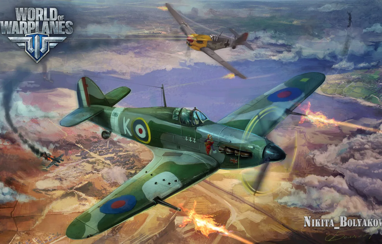 Фото обои самолет, Messerschmitt, Spitfire, aviation, авиа, MMO, Wargaming.net, World of Warplanes