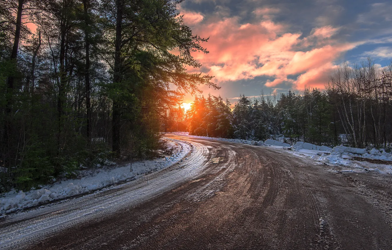 Фото обои зима, дорога, лес, закат
