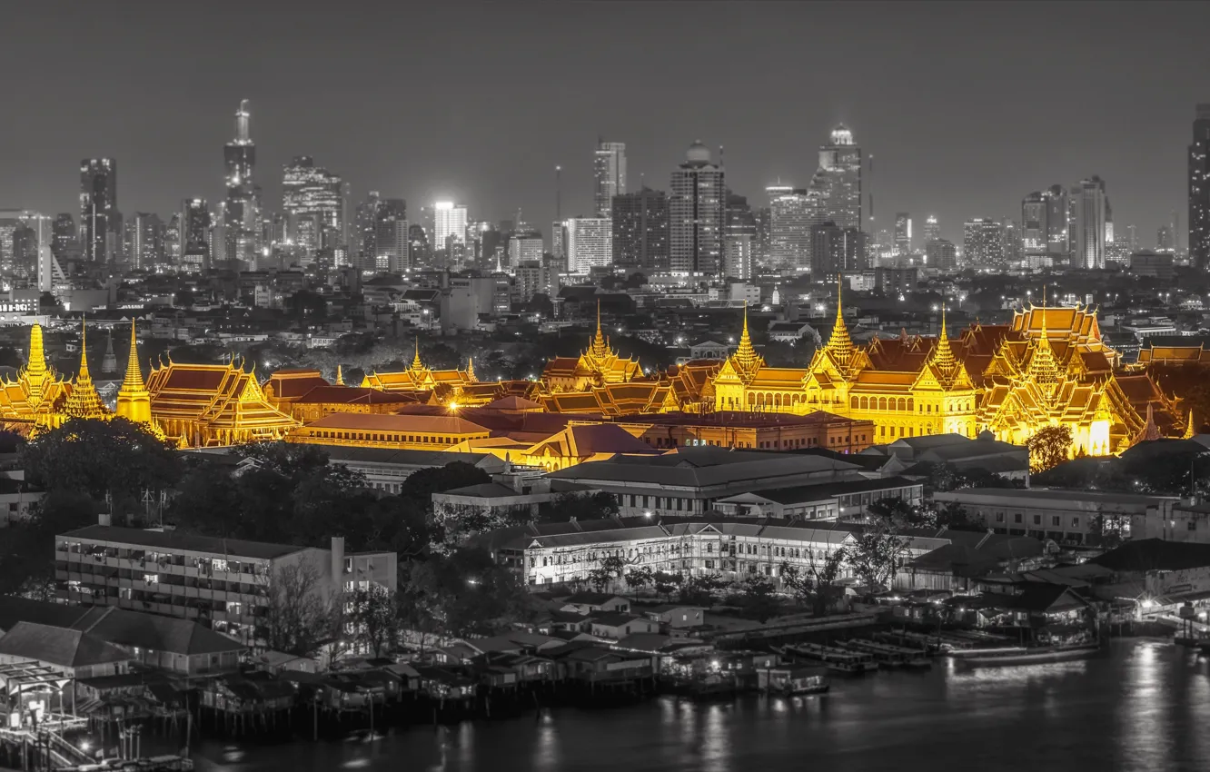 Фото обои ночь, огни, замок, панорама, Таиланд, Бангкок, дворец