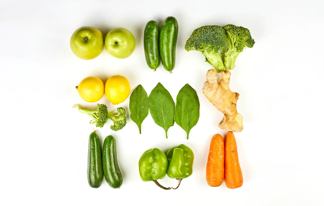 Фото обои зелень, листья, яблоки, белый фон, перец, фрукты, овощи, морковь