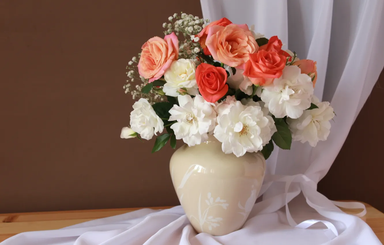 Фото обои розы, букет, ваза
