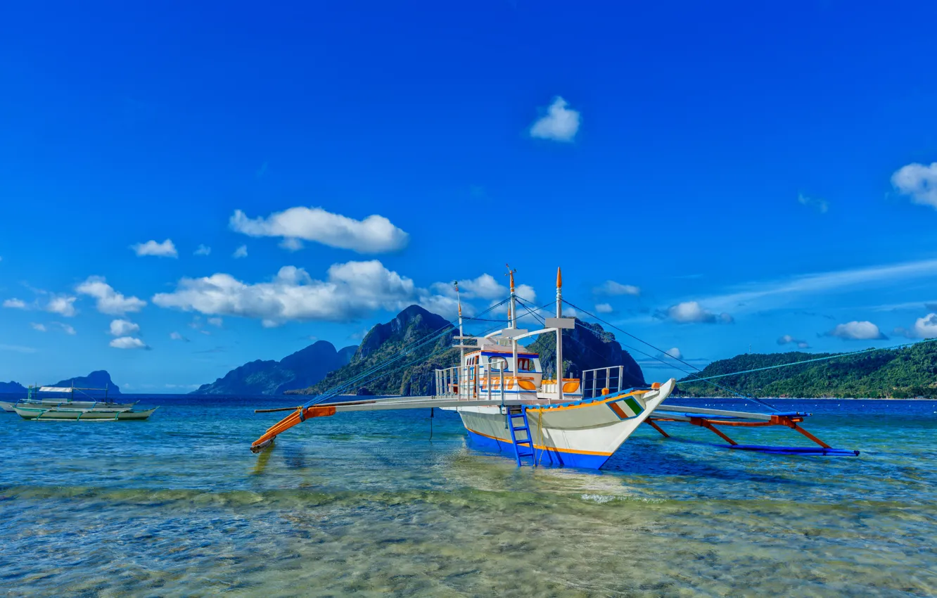 Фото обои море, небо, облака, тропики, катера, Филиппины, Palawan Island